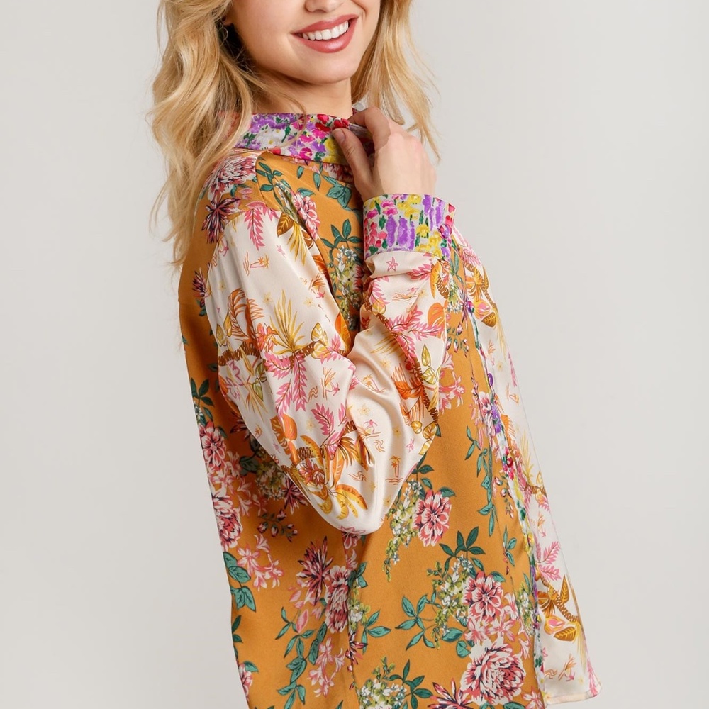 Umgee Mixed Print Button Down Top | NWT | Boho Floral | Camel Mix | Sizes S M L